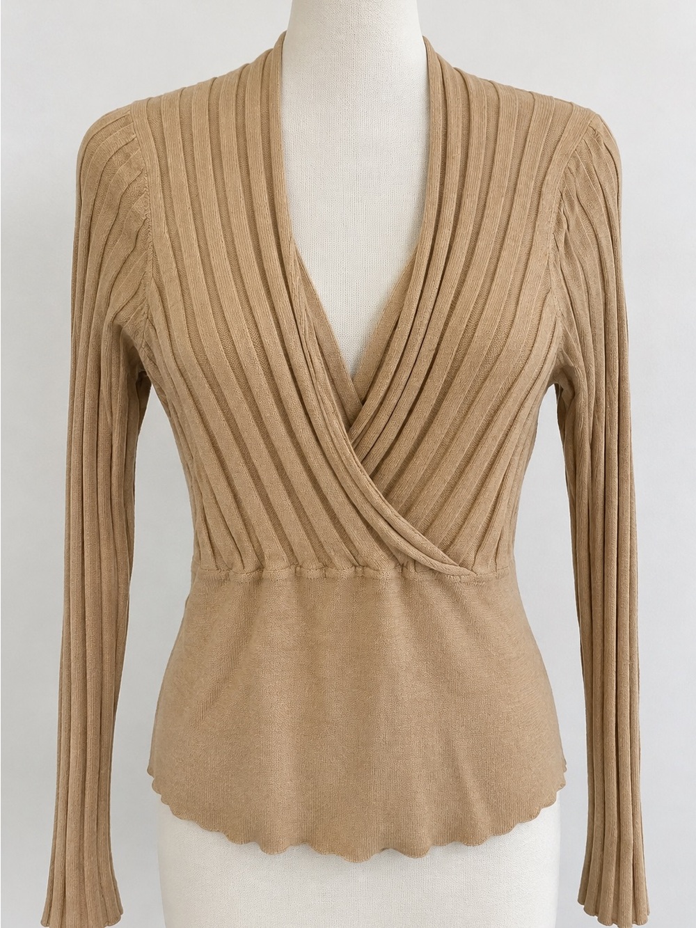 INC International Concepts Camel Ribbed Wrap Peplum Sweater Size M